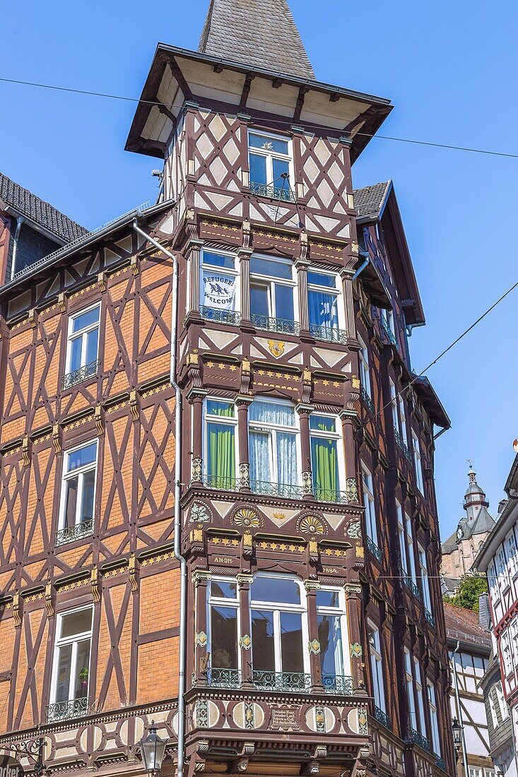 Marburg an der Lahn; marketplace; Market; Half-timbered house at the corner of Nikolaistrasse