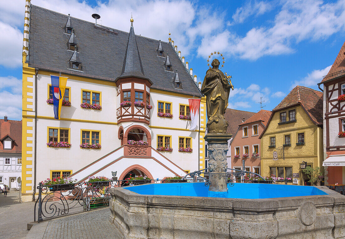 Volkach, market square, Renaissance town hall and fountain with Maria Immaculata