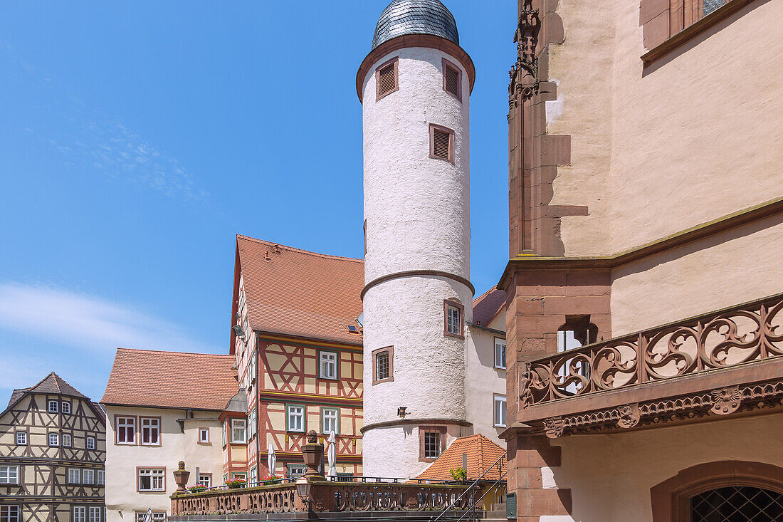 Wertheim; Kilian's Chapel; White tower, half-timbered houses