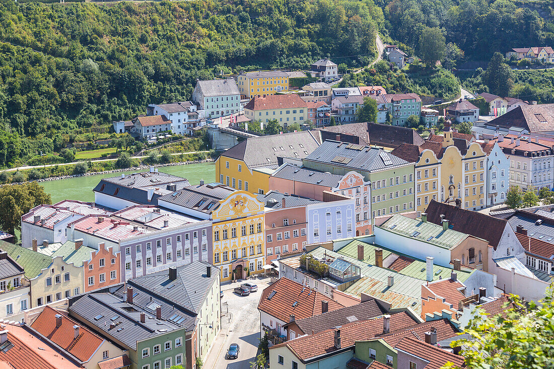 Burghausen, city view from the castle on the town square