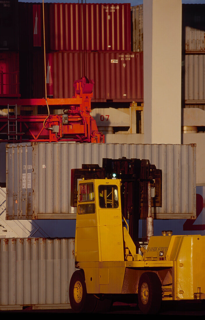 Gabelstapler, der mit Schiffscontainern im Hafen arbeitet