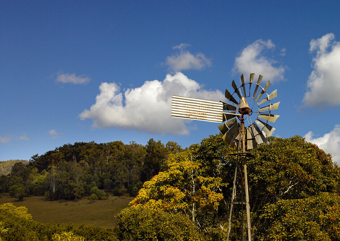Windgetriebene Wasserpumpe auf australischem Ackerland