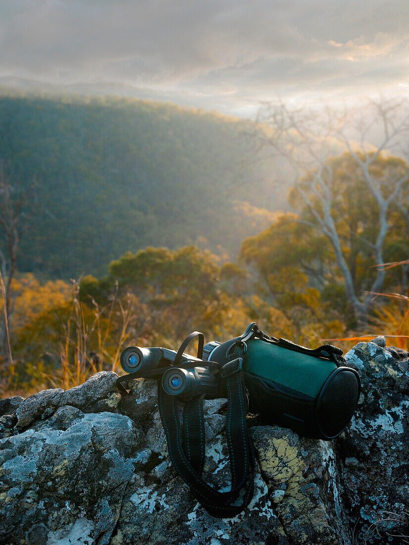 Fernglas und Trinkflasche auf Felsen im australischen Buschland