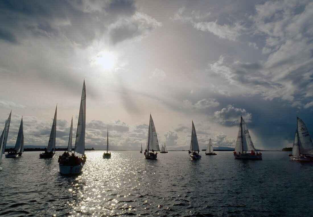 Yachts racing on cloudy day in Regatta