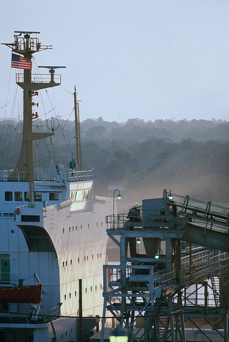 Containerschiff angedockt an einem kommerziellen Dock, Mississippi River, Mississippi, USA