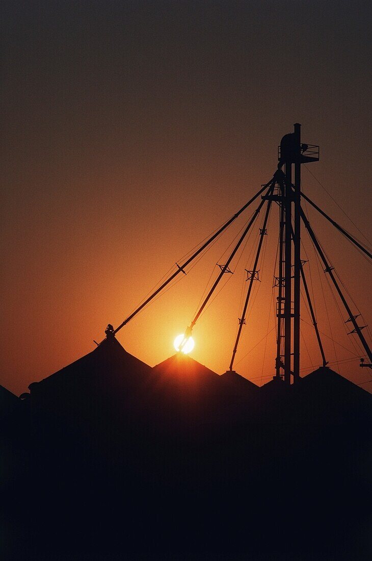 Silhouette of Grain silo at sunset, Texas, USA