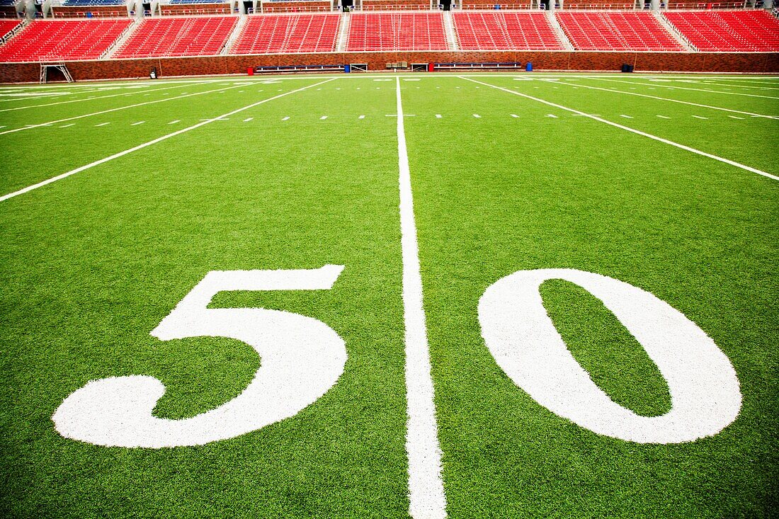 The 50 yard line on a football field, Southern Methodist University, University Park, Dallas County, Texas, USA