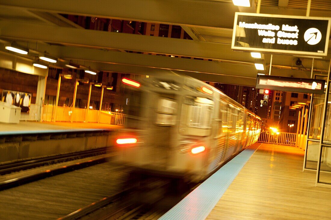 Subway train leaving a stop, Chicago, Cook County, Illinois, USA