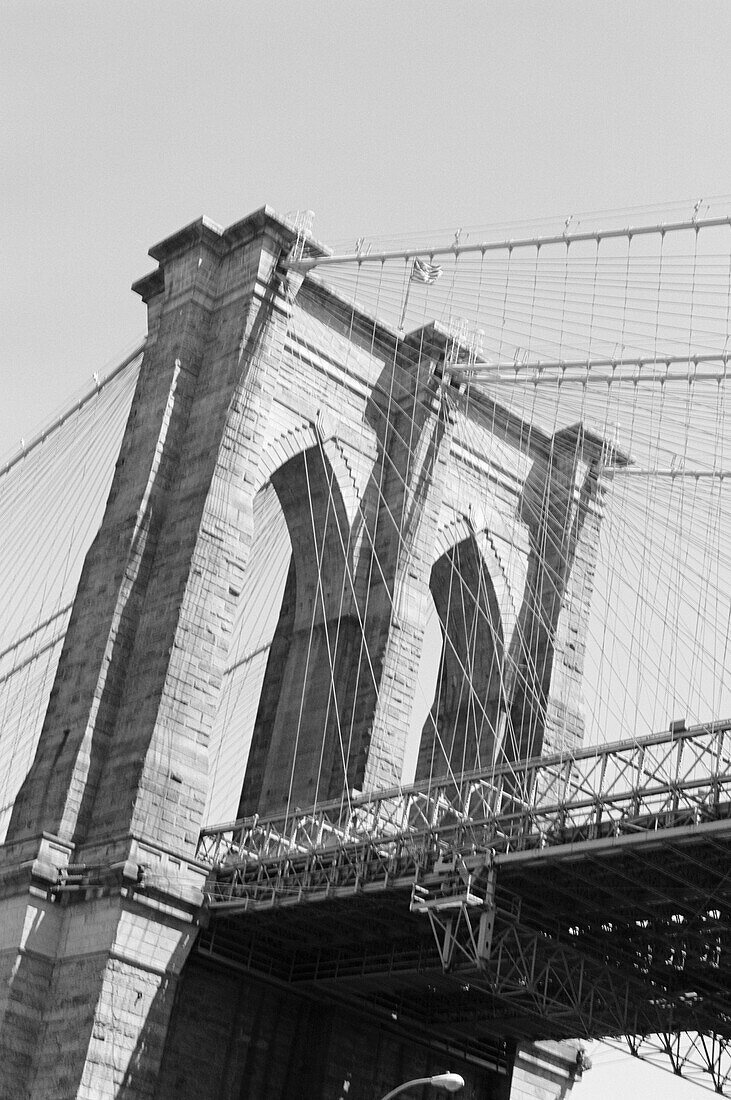 Low angle view of a suspension bridge, Brooklyn Bridge, New York City, New York State, USA