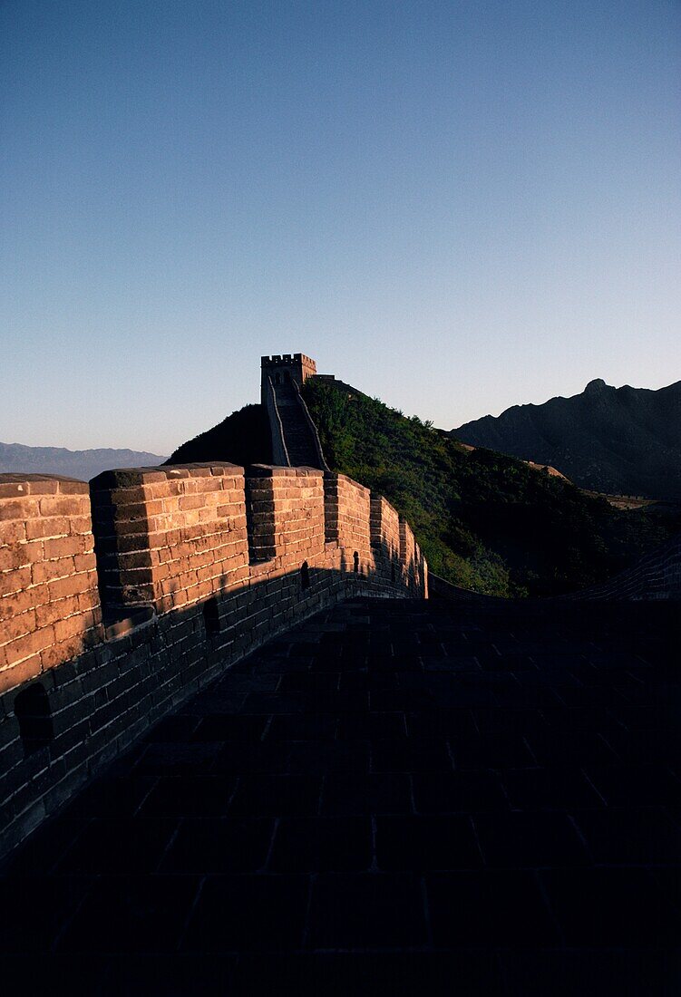 Great Wall of China and hills from standing on a section of the wall, Beijing, China