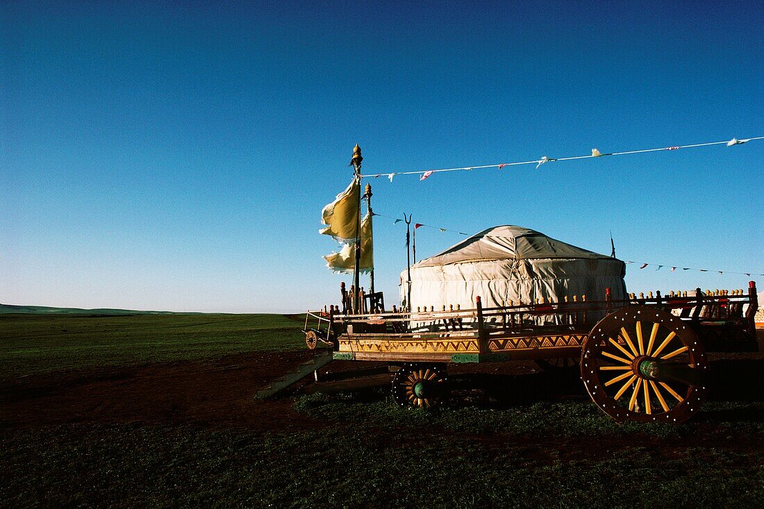 Tent atop a wagon in a village, Inner Mongolia, China