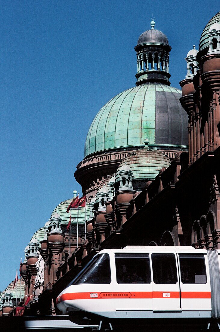 Monorail with a building in the background, Queen Victoria Building, Sydney, New South Wales, Australia
