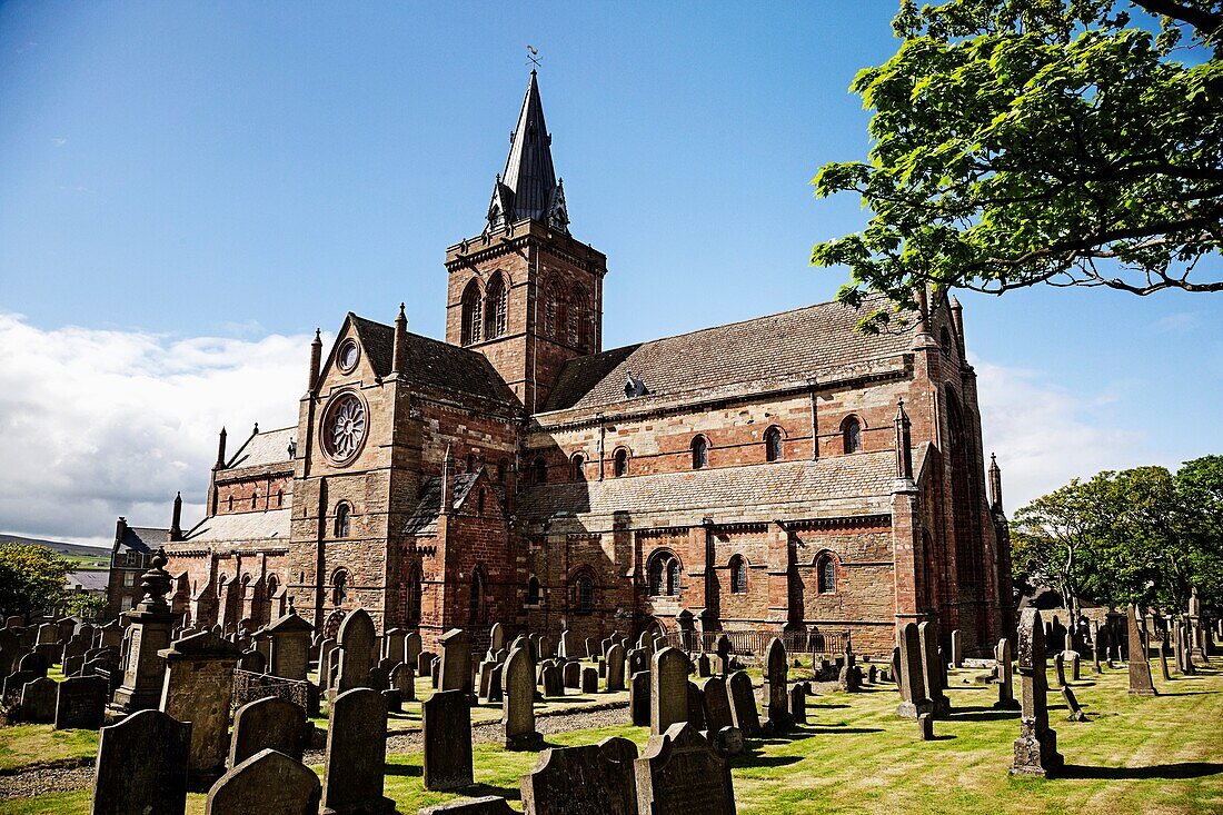 Tombstones in a cemetery at a cathedral, St Magnus Cathedral, Kirkwall, Orkney, Scotland