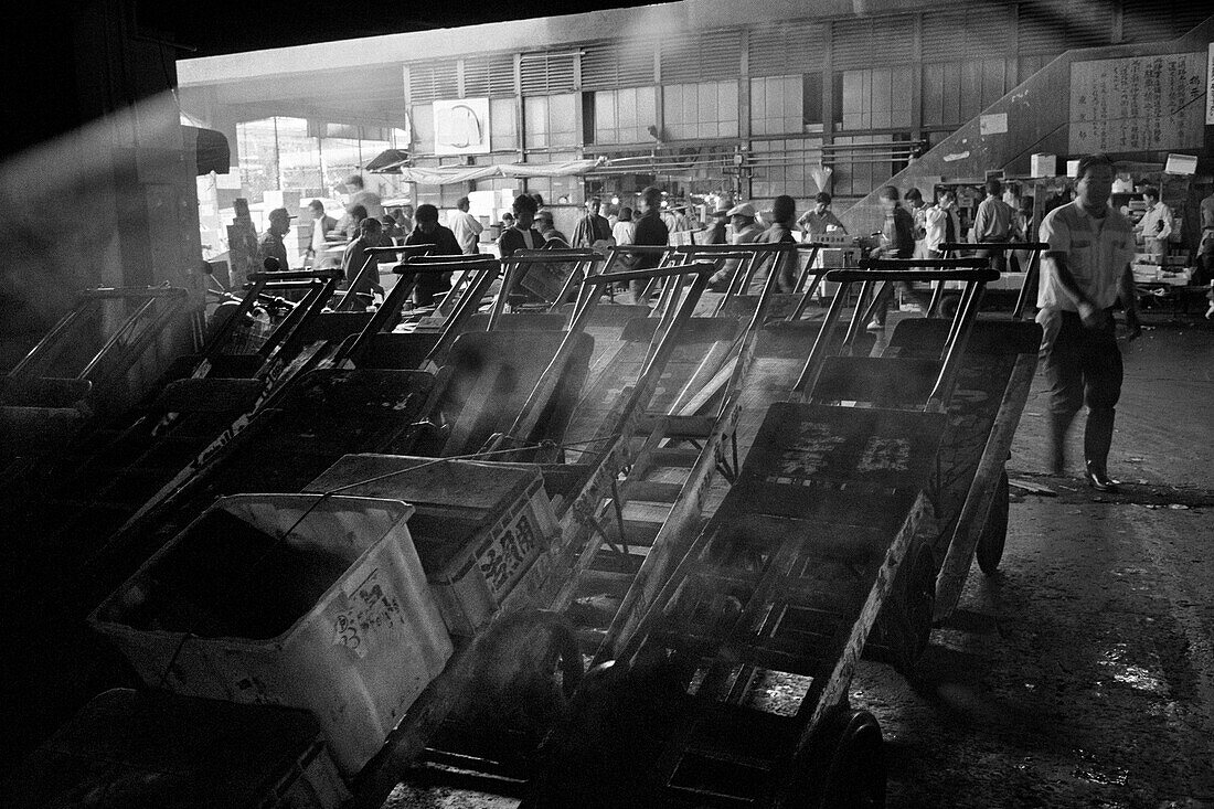 Japan, Tokyo, Men working in Tsukiji fish market behind row of carts