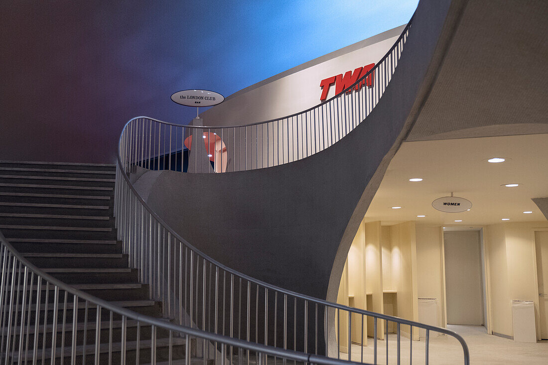 Staircase in the lobby of the TWA hotel designed by Eero Saarinen at JFK Airport