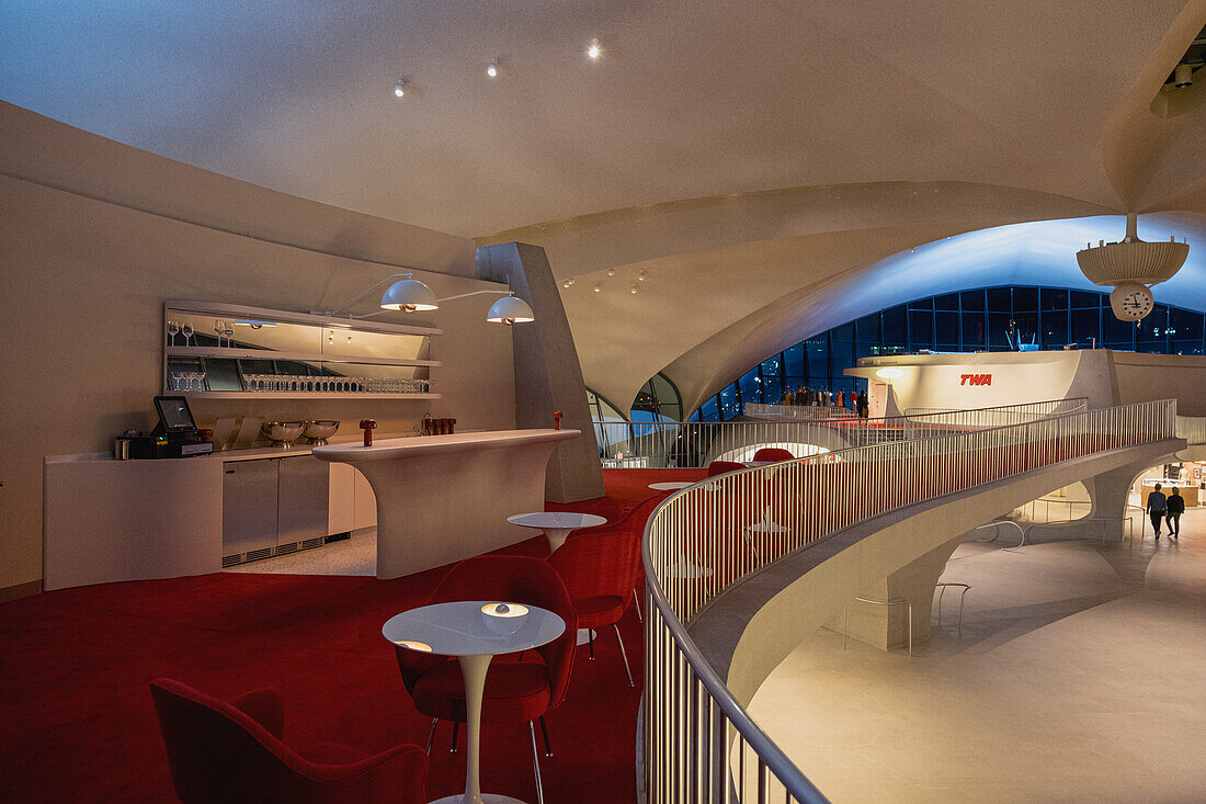 Night interior with no people of the TWA hotel at JFK Airport