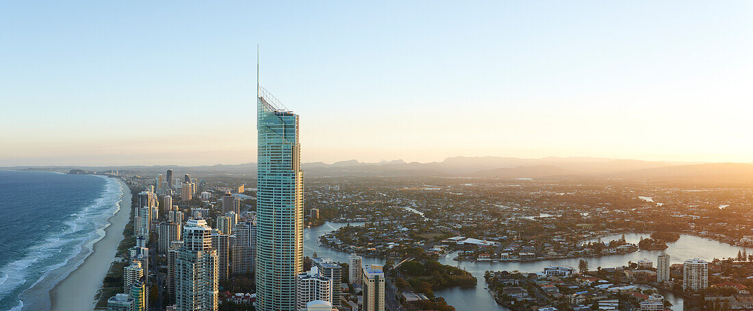 Panorama aerial of Surfers Paradise and surrounding suburbs