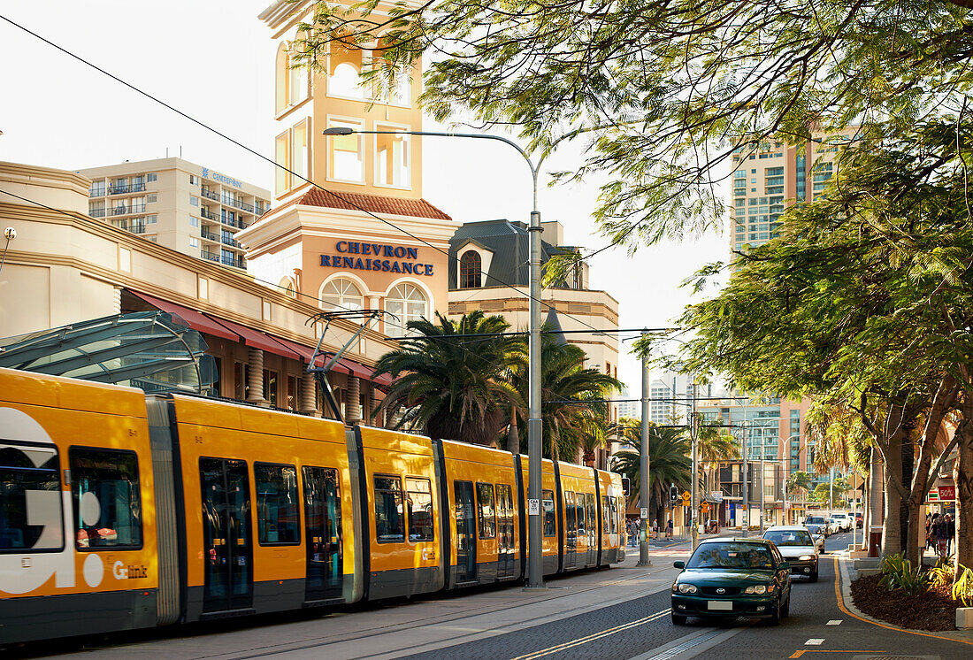 Tram travelling through the streets of Surfers Paradise