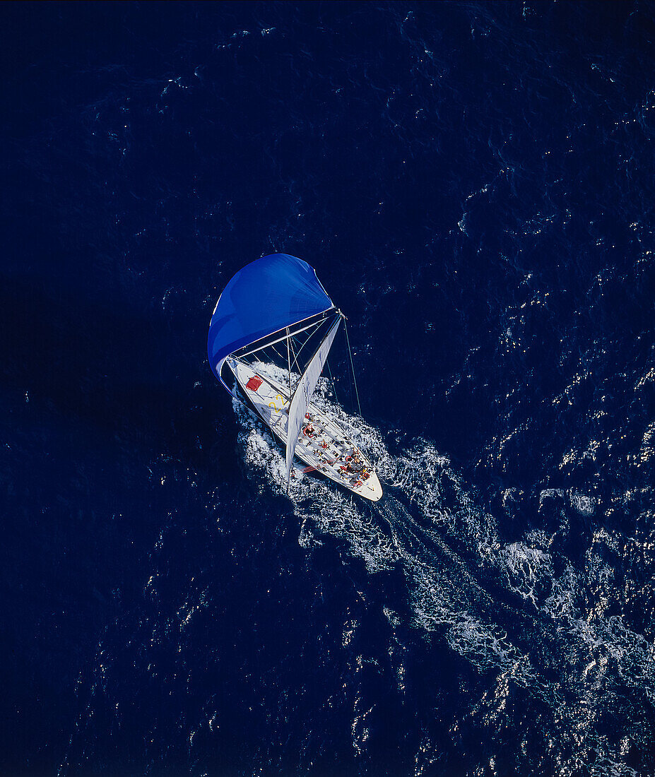 Luftaufnahme einer Yacht (Lion NZ) und ihrer Besatzung, die sich unter vollen Segeln durch das Wasser bewegt