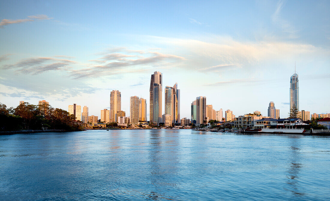 Looking across water at high rise buildings in Surfers Paradise