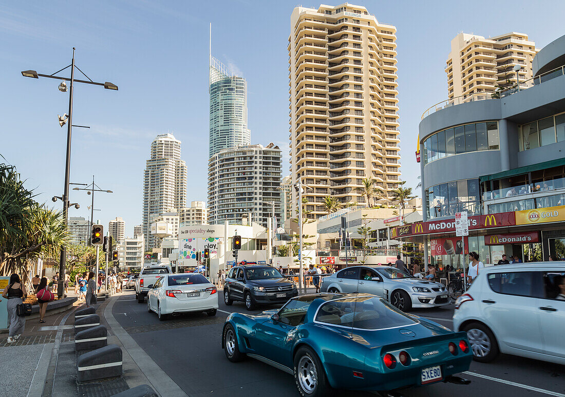 Traffic and people in the streets of Surfers Paradise