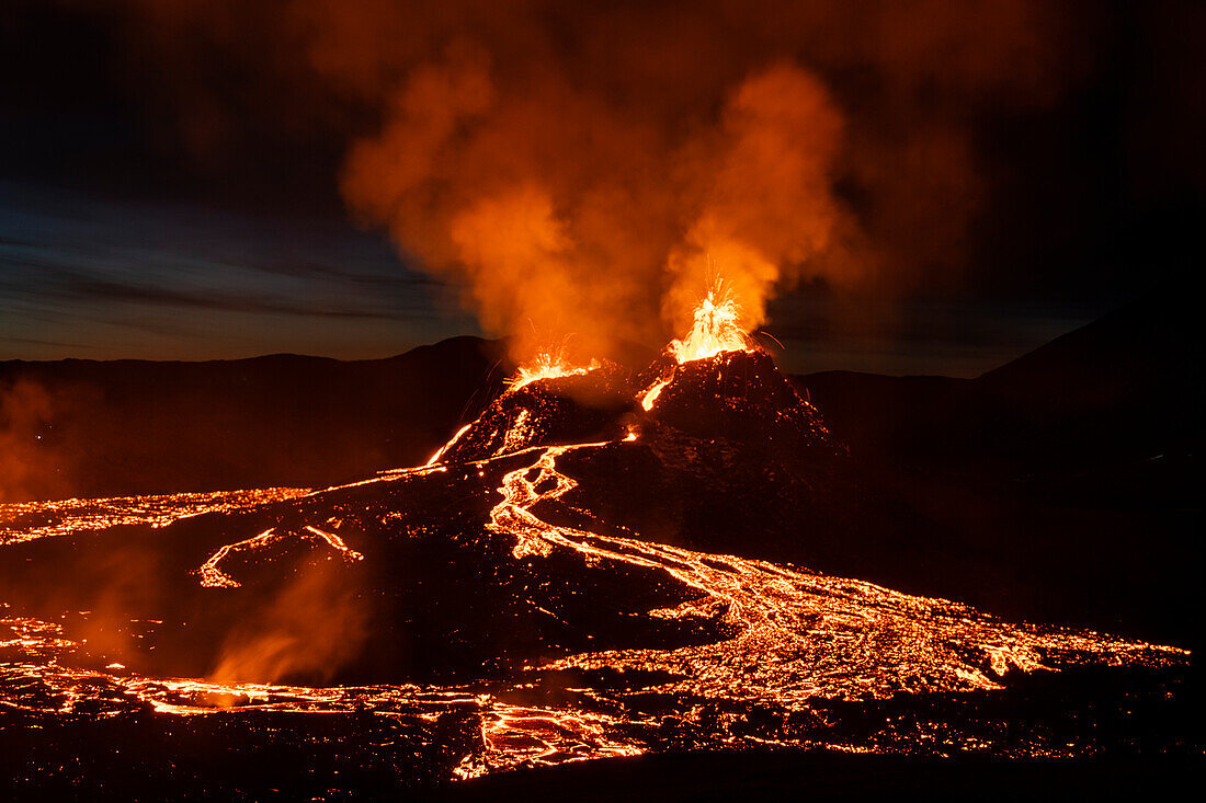 Reykjanes Peninsula, Iceland - March 27th 2021: Volcanic eruption Reykjanes Peninsula Iceland. Fagradalsfjall Volcano. Geldingadalir Eruption