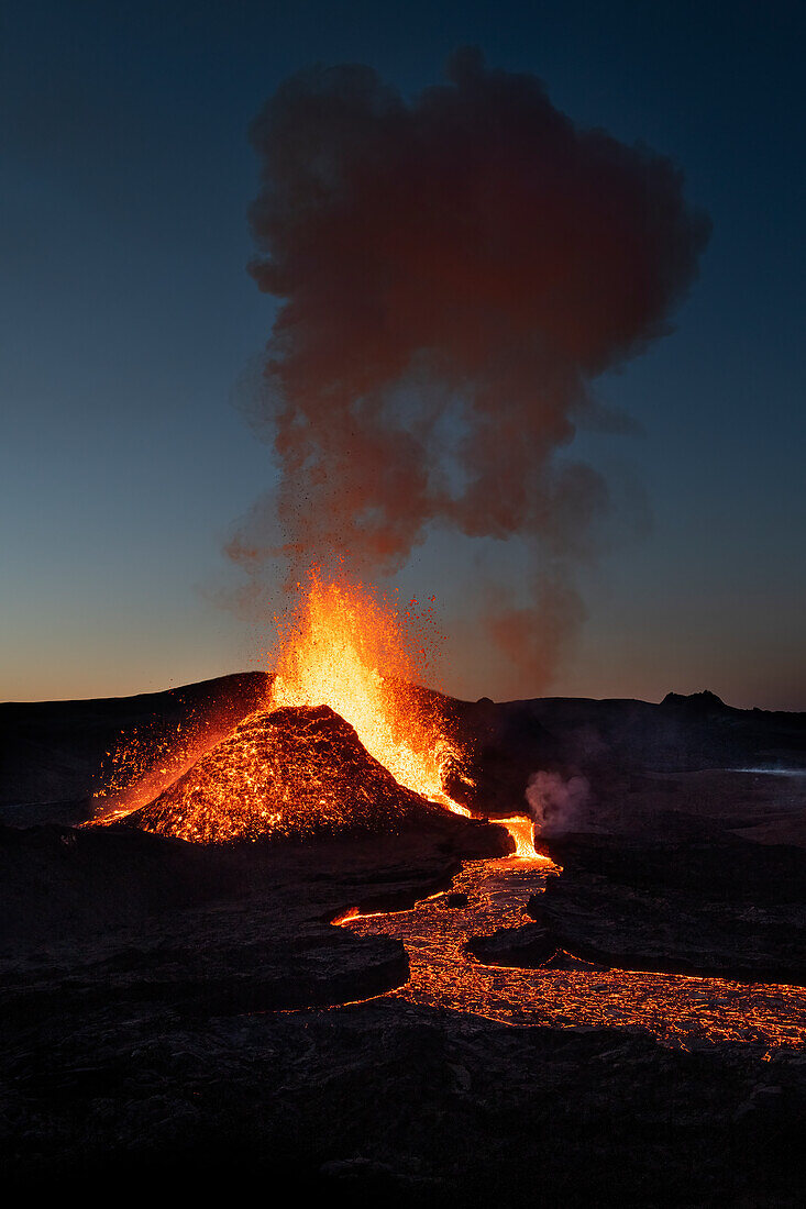 Reykjanes Peninsula, Iceland - May 4th 2021: Geldingadalir eruption at dusk