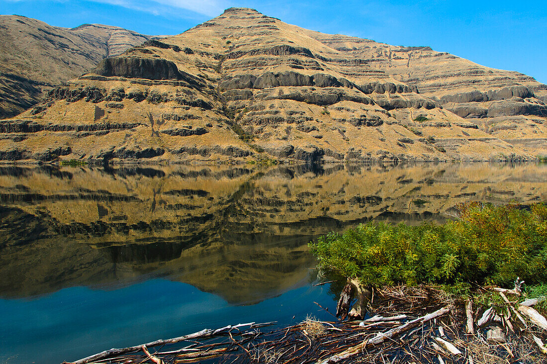 Basaltschichten spiegeln sich im Lower Granite Lake am Snake River bei Pullman, Washington