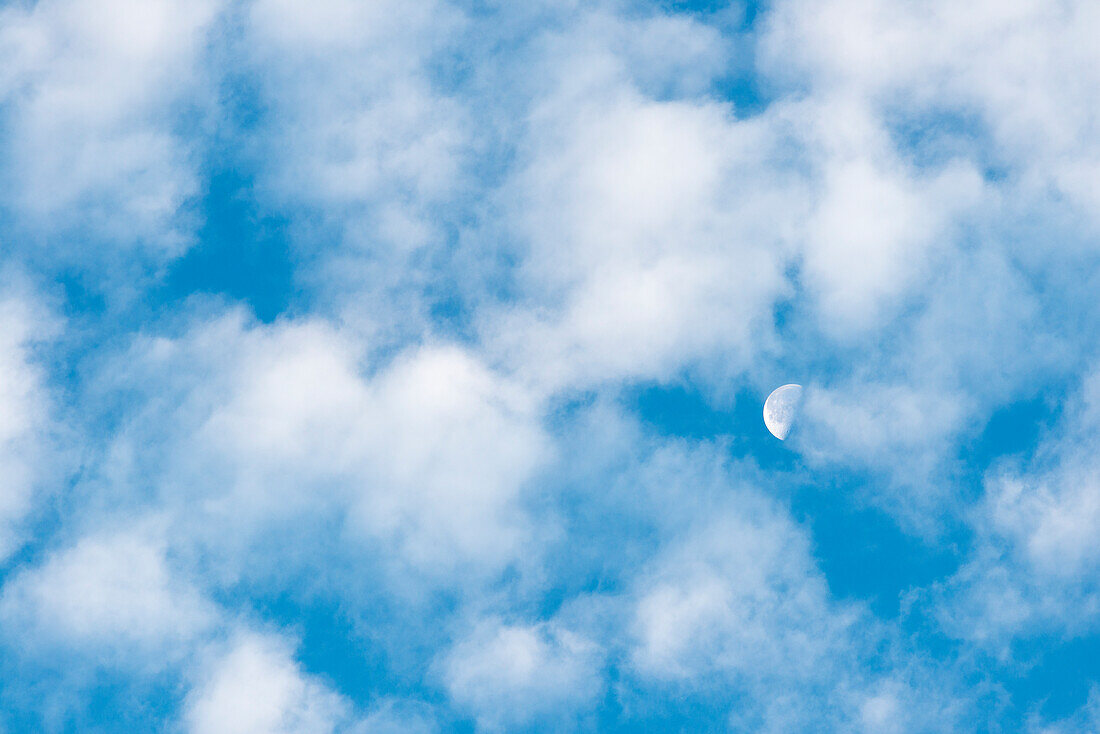 Mond und geschwollene weiße Wolken über Magdalena Bay nach Sonnenaufgang