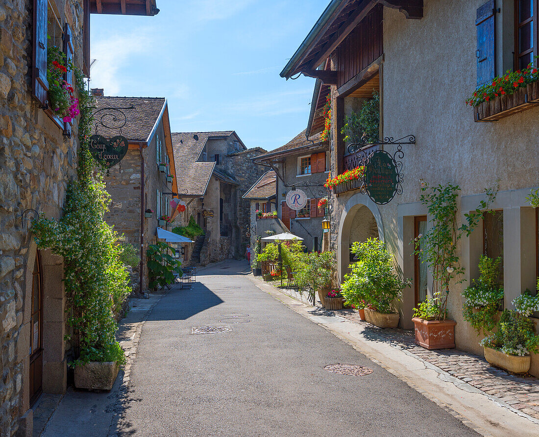 Gasse in Yvoire, Département Haute-Savoie, Auvergne-Rhône-Alpes, Frankreich