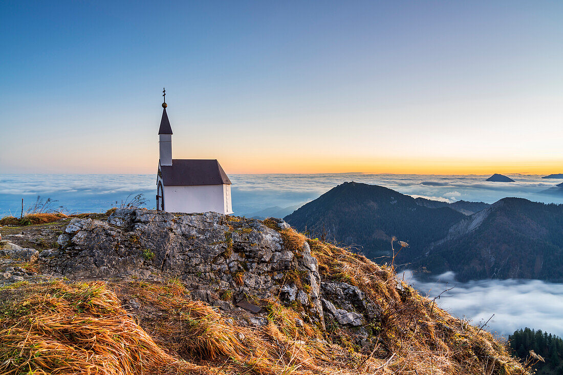 Chapel at the summit of the Hochgern (1,748 m) in the Chiemgau Alps, Unterwössen, Chiemgau, Upper Bavaria, Bavaria, Germany