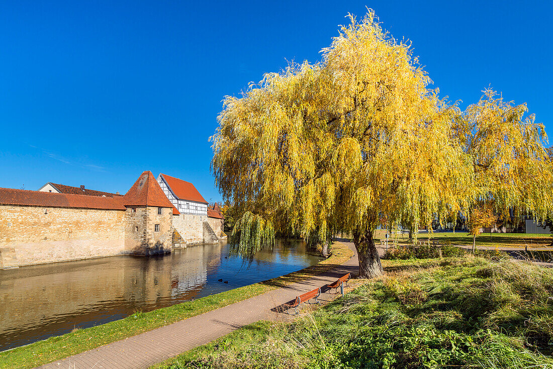 City wall at the Seeweiher, Weißenburg, Franconia, Bavaria, Germany