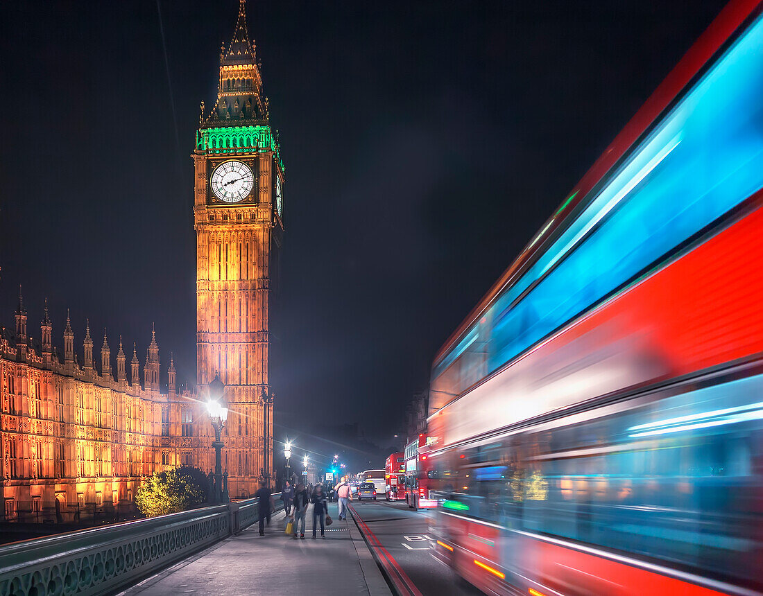 Big Ben und roter Doppeldeckerbus, London, England, UK