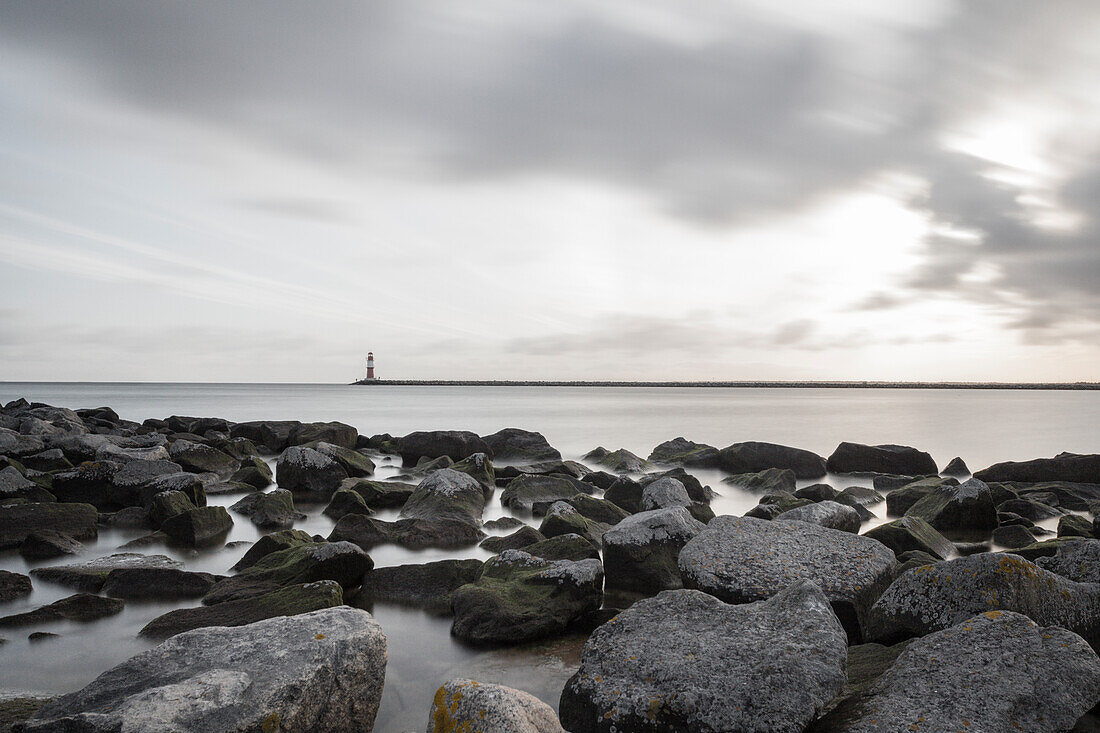 Long exposure at the lighthouse in Warnemuende, Germany, Mecklenburg-Western Pomerania, Baltic Sea