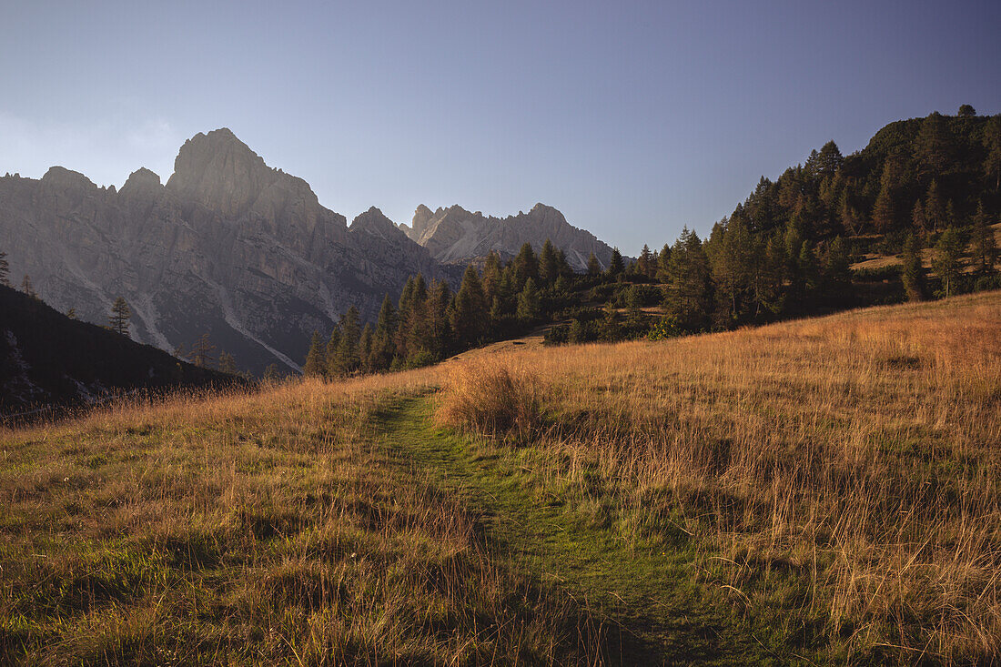 View of Castello Di Moschesin in the evening sun coming from Rifugio Pramperet, Höhenweg 1, Dolomiten, Südtirol, Italy, Höhenweg 1, Dolomiten, Südtirol, Italy