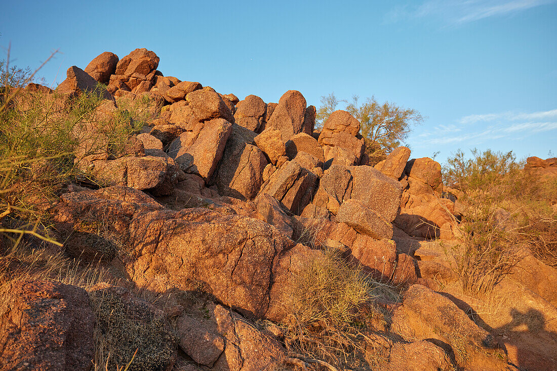 Naturally stacked rock formation along hiking trail in Camelback Mountain. Phoenix Arizona