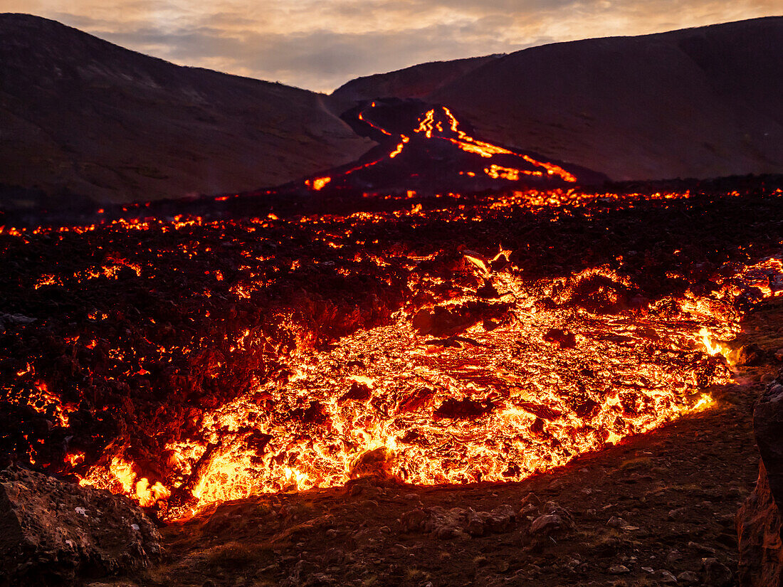 Glowing river of lava from Fagradalsfjall volcanic eruption at Geldingadalir, Iceland