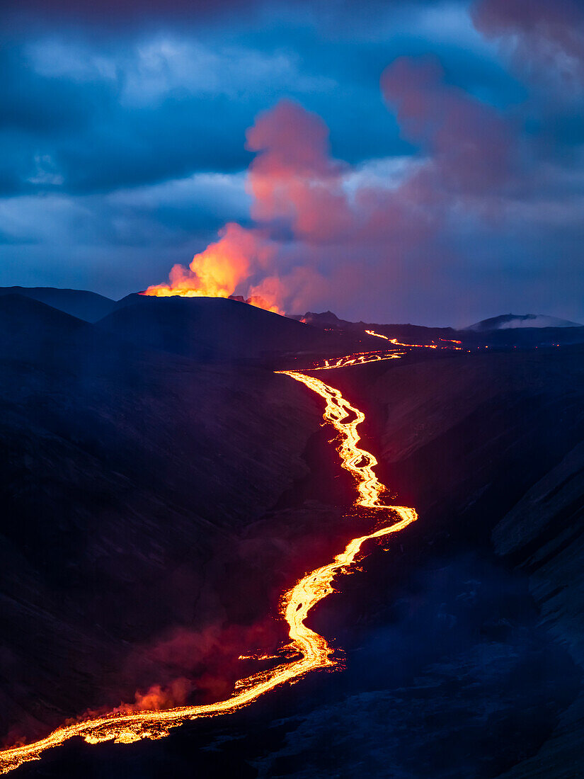 Glowing river of magma from Fagradalsfjall Volcanic eruption at Geldingadalir, Iceland