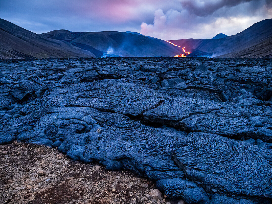 Lava spreads across the landscape around Fagradalsfjall volcano, Volcanic eruption at Geldingadalir, Iceland