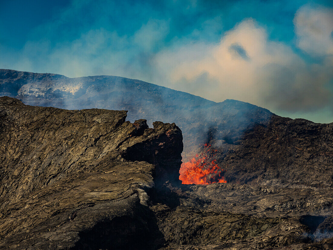 Air photo , lava flows from Fagradalsfjall crater, Volcanic eruption at Geldingadalir, Iceland