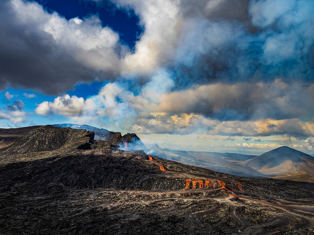 Air photo, lava flows from Fagradalsfjall crater, Volcanic eruption at Geldingadalir, Iceland