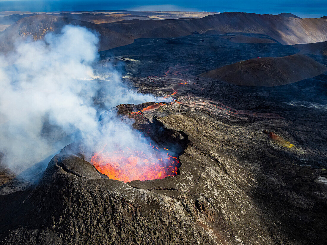 Air photo of Fagradalsfjall crater, Volcanic eruption at Geldingadalir, Iceland