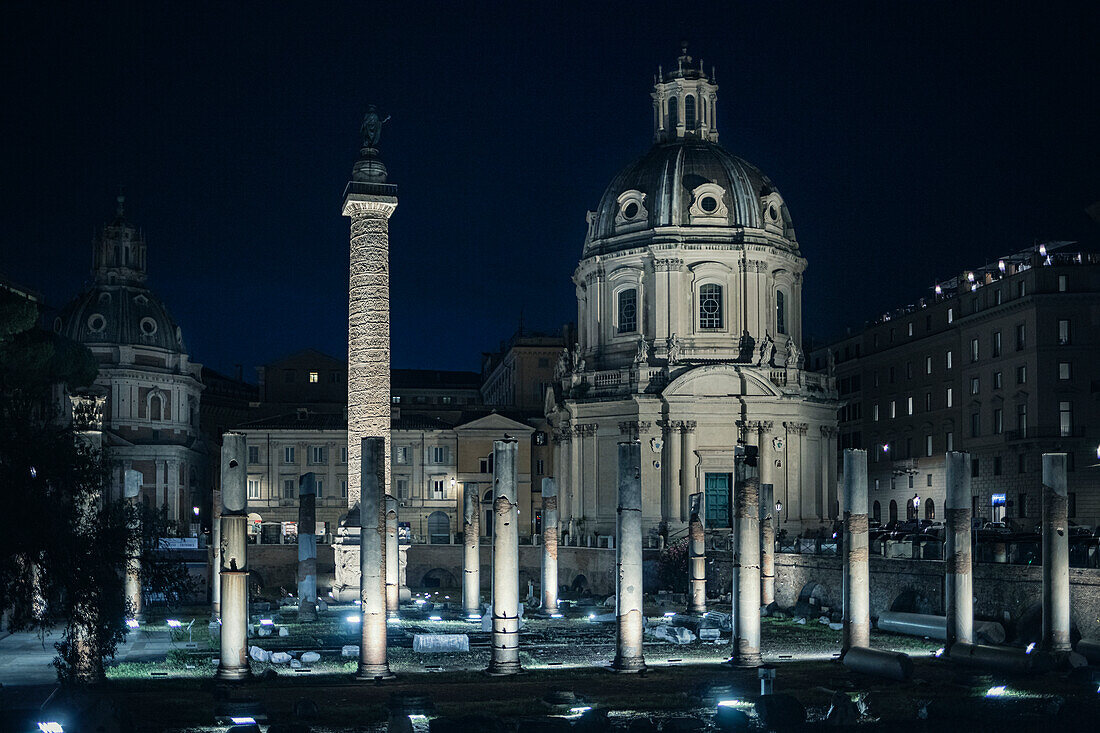 Trajan column at night Rome Italy