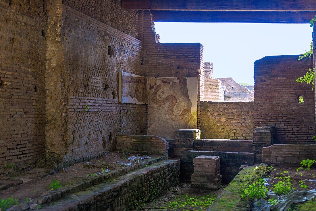 Rome, Ostia Antica, Mitreo dei Serpente, Mithraeum with snake fresco