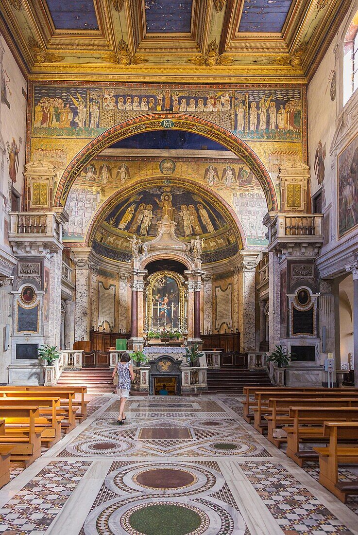Rome, Santa Prassede, nave with cosmatian floor and apse with mosaics