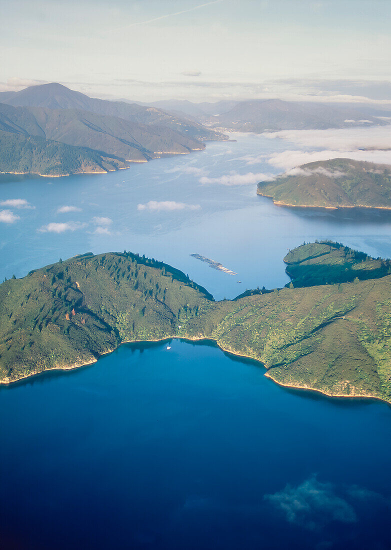 Aerial of sustainable Salmon Farm in Queen Charlotte Sounds