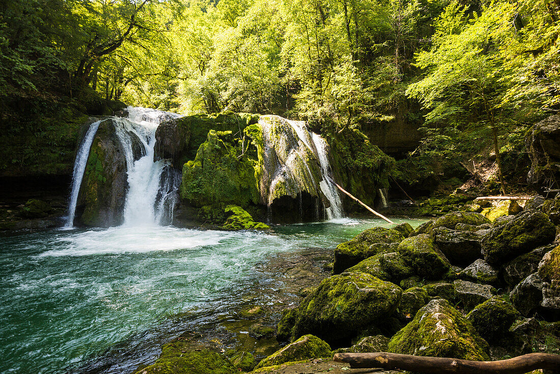 Waterfall and moss-covered rocks, Source de la Loue, Loue, Mouthier-Haute-Pierre, Doubs Department, Bourgogne-Franche-Comté, Jura, France