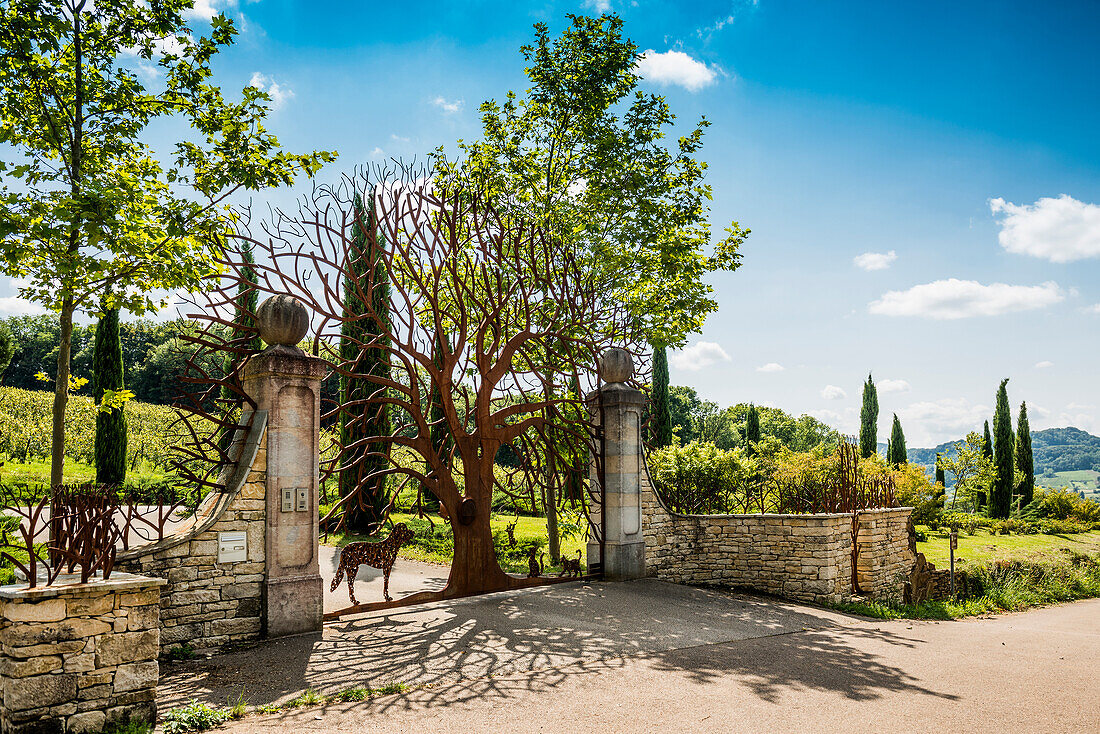 Entrance gate, Château des Tourillons, Arbois, Jura department, Bourgogne-Franche-Comté, Jura region, France