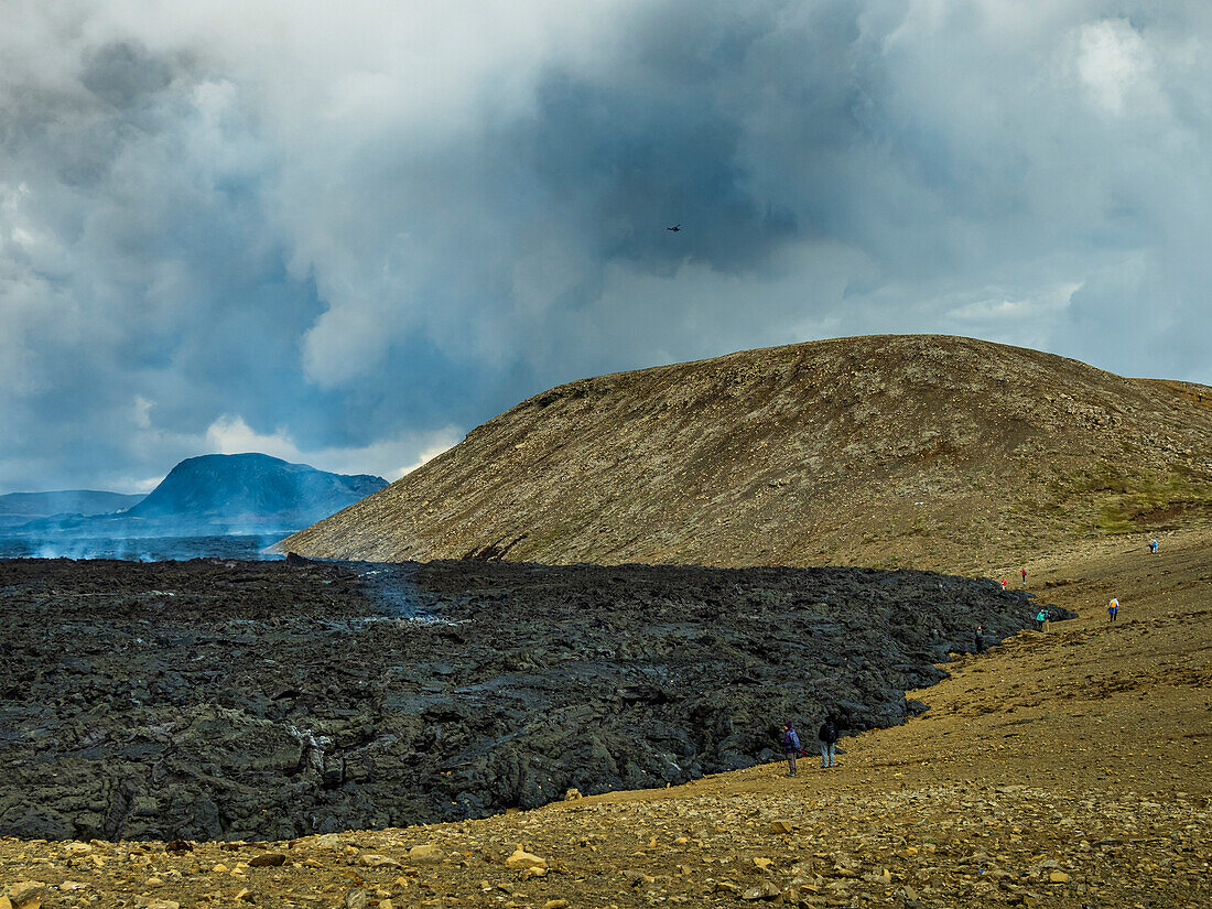 Lava lake filling valley around Fagradalsfjall Volcano, Iceland