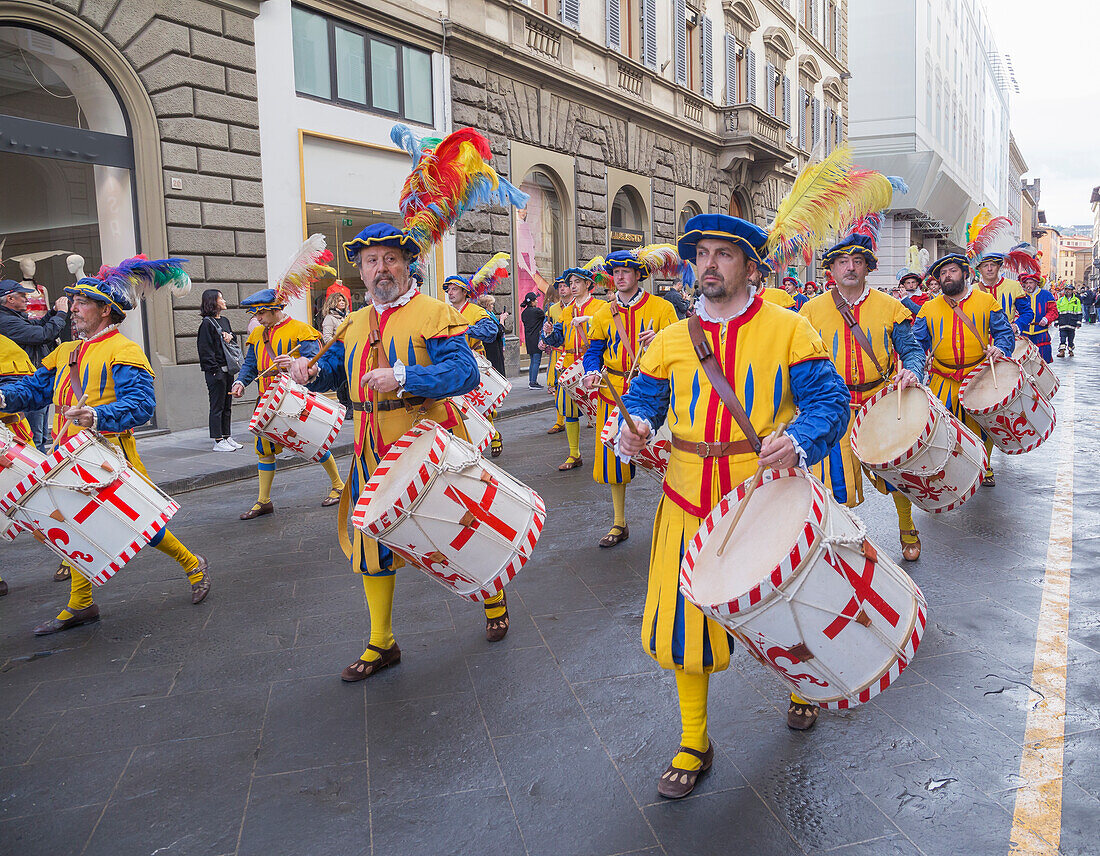Participants in the Explosion of the Cart festival on parade, Florence, Tuscany, Italy